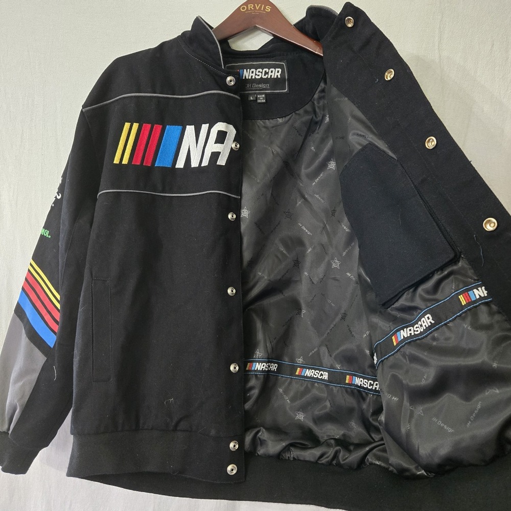 JH Design Nascar Racing Logo Jacket Sz Large Racing Stripes Embroidered - Picture 2 of 8